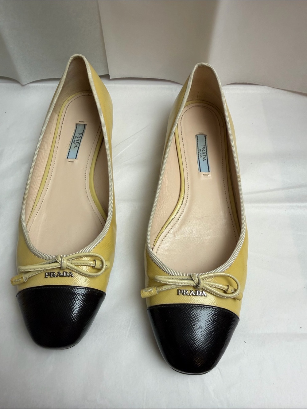 Prada Yellow Leather Ballet Flats with Black Cap-Toe